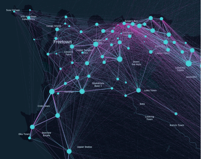 Black map of Sierra Leone with cyan dots representing cities and towns, as well as lines in between these nodes.