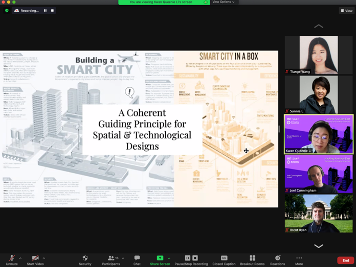 Zoom screenshot of a mentorship session with students. Most of the screen is about building a smart city; five people appear on the right-hand side.