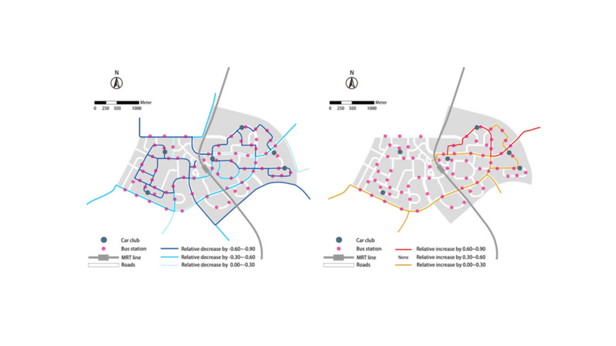 Side-by-side transit maps showing routes with supply increases and decreases