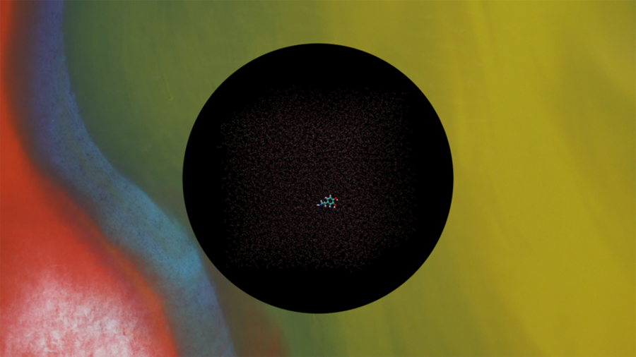 A mostly yellowish background with red and blue blobs of color on the lower left. At center, a very small computer-generated image of a molecule inside a large black circle.