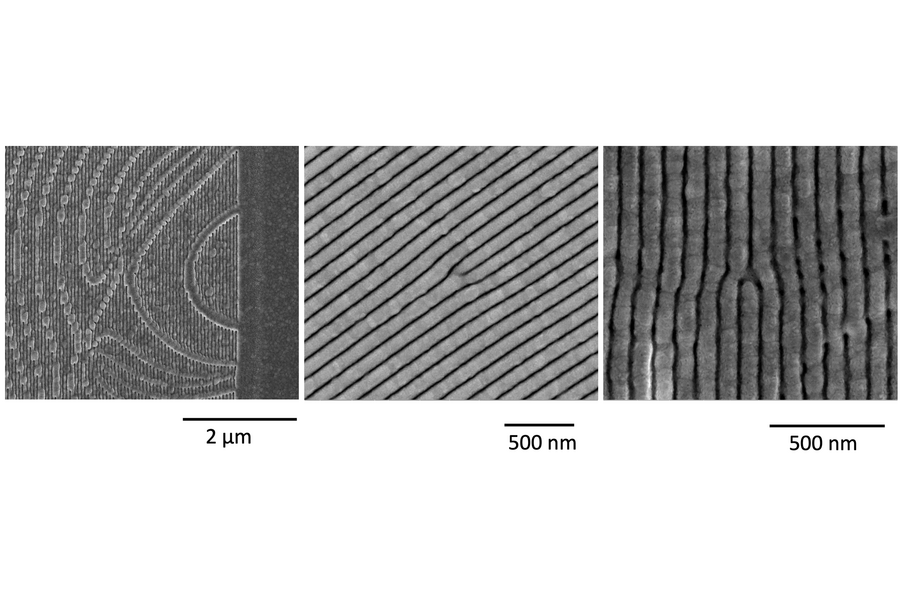 Three images side by side. Left: What looks like a fingerprint pattern at 2 micrometers. Center and right: Closeups of the striations at 500 nanometers.