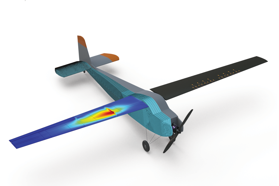 A computer-generated image of a cyan airplane on a white background with a rainbow simulation on the right wing