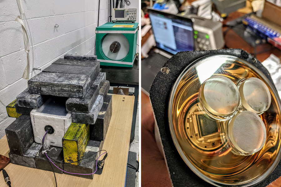 Left: A white box with wires coming out of it, surrounded by brick-like black slabs. Right: Closeup of a sensor featuring a circular glass shield with three smaller circular glass disks on top