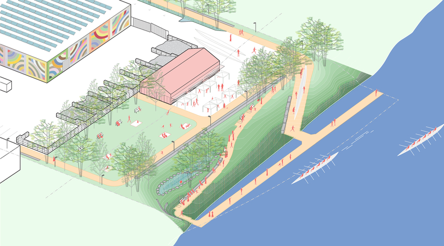 Graphic illustration of a park next to a waterway. A walkway goes out into the water a bit, while rowboats float by. The park features walkways, trees, and an area with small tents. On the left is a large warehouse-sized building with murals on the side and solar panels on the roof.