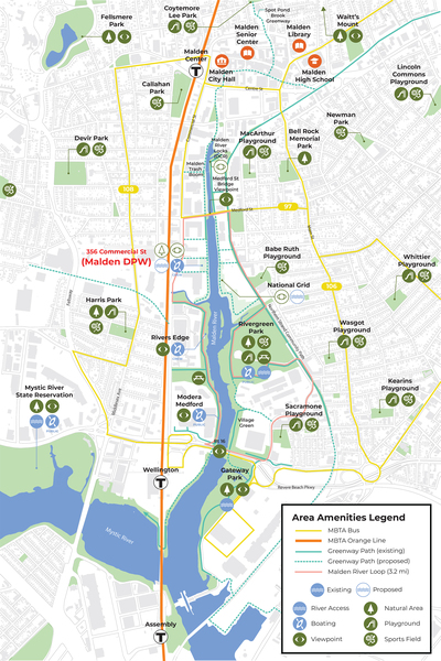 Partial city map of Malden, Massachusetts, which straddles the Malden River just north of Boston. Area amenities shown include MBTA bus and subway lines, greenway paths, natural areas, playgrounds, fields, boating, river access and more.