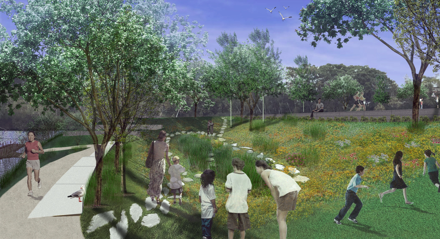 3D architectural illustration of a greenway featuring a paved foot path on the left, stone pavers through some grass, and lots of trees surround the rest of the grassy area with people and birds about