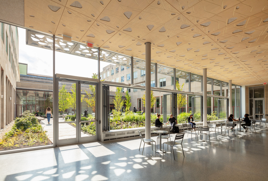 Photo of people sitting at tables in an area with a wall of windows along one side; a courtyard is visible through the windows.