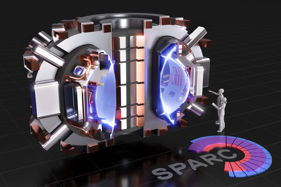 Иллюстрация поперечного сечения токамака-реактора SPARC в форме пончика. Серебряные камеры наполнены голубым светом, представляющим собой плазму.