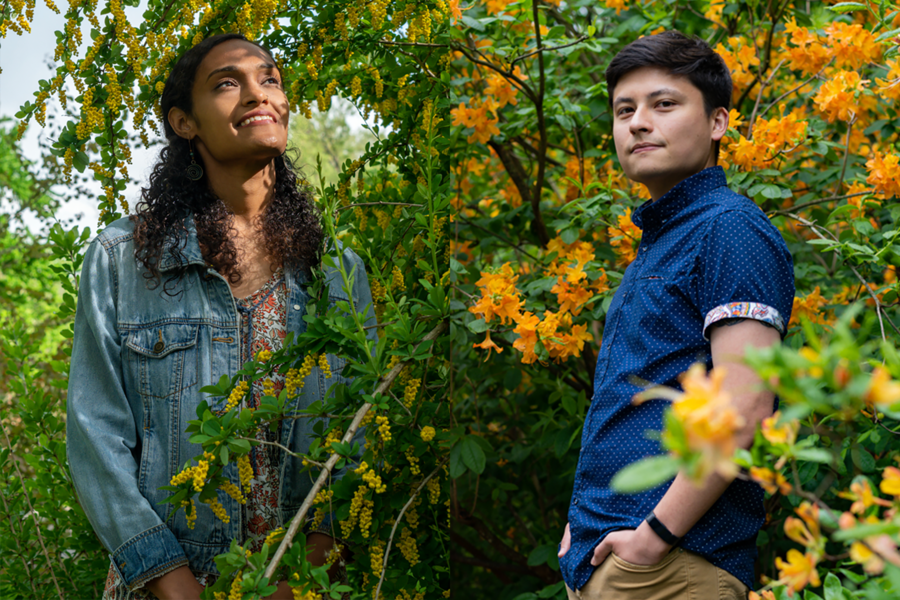 A picture of a woman next to a picture of a man, each standing outside, surrounded by flowering trees and shrubs