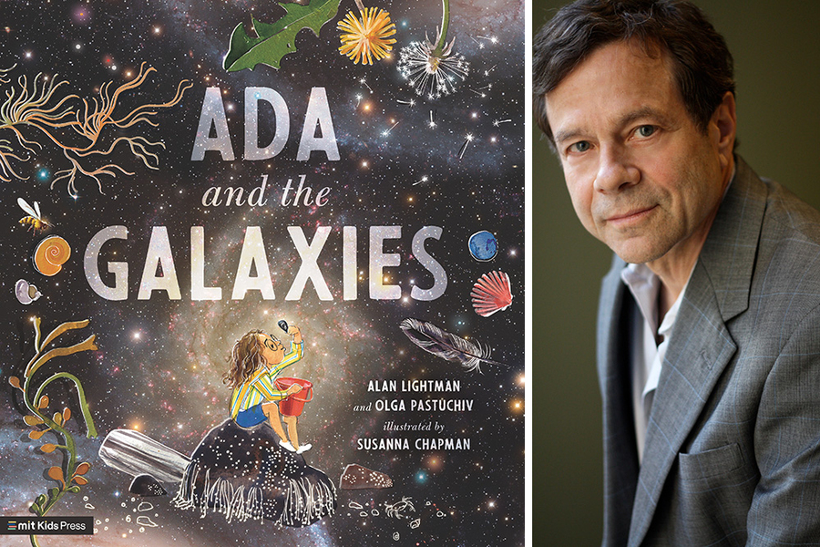 At left, the book cover for "Ada and the Galaxies," which features a young girl on a starry background, surrounded by objects from nature like a feather, shell, seaweed, etc. At right, a portrait photo of Alan Lightman