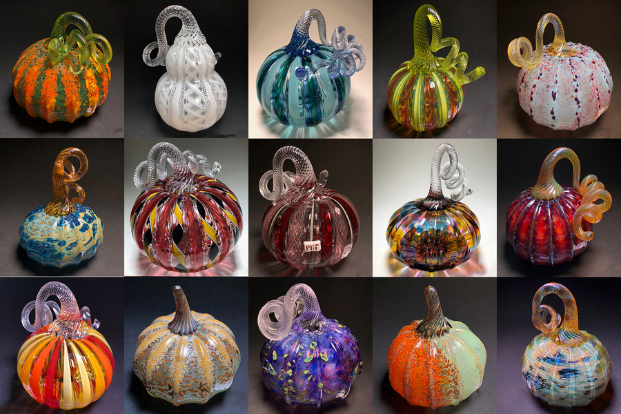 Three by five grid of photos of multicolored glass pumpkins. Many are striped, and the colors include orange, green, blue, purple, red, and more.