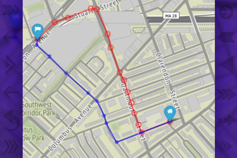 Map of city streets; common pedestrian path is marked in red and the shortest path is in blue