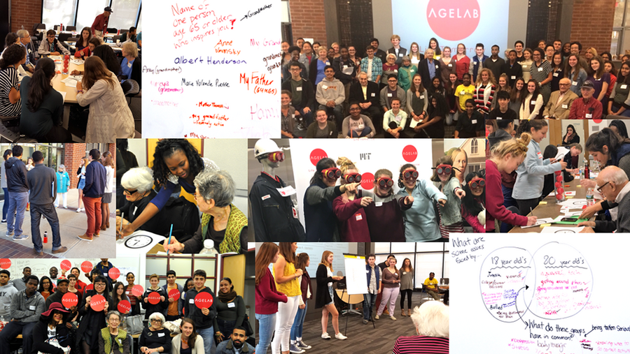 Photo collage shows about half a dozen scenes of youths interacting with elders