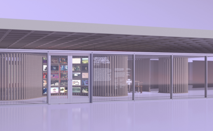 Virtual gallery view with curving brown columns and red bench