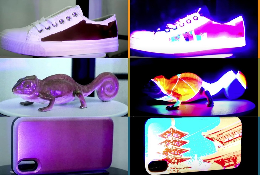 Two by three grid featuring photos of a sneaker, a small model of a lizard, and a cellphone cover, before and after fabrication with bright patterns and designs