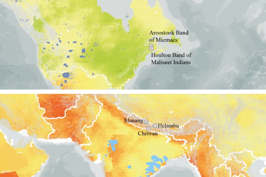 Maps showing the locations of frontline communities collaborating with the MIT DCI project. Two are in the Northeastern US and three are in India.