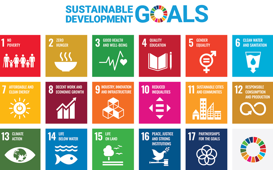 UN Sustainbility Goals Poster has 17 goals arranged in three rows of six, with one left over