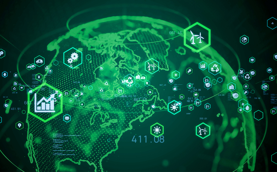 IGreen line ilustration of planet Earth with sustainability and climate icons orbiting in apparently random sizes and locations