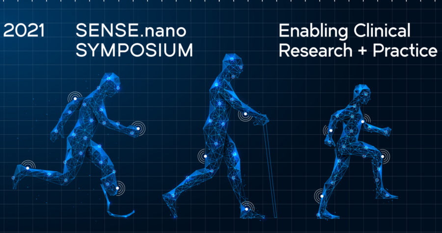 Wireframe models of three individuals – one with a prosthetic limb, one with a cane, and one with no visible limitations – all wearing wireless sensors to demonstrate the themes of sensing and clinical research.