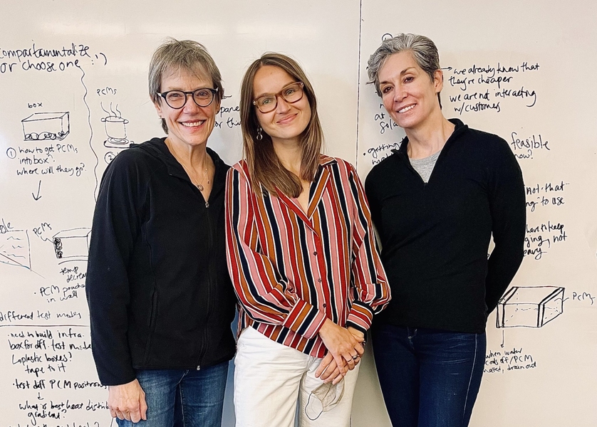 Photo of Ada Petriczko with MIT professors Sally Haslanger and Libby McDonald standing in front of a whiteboard.