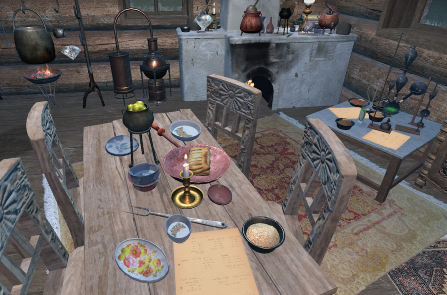 Video game still of the interior of a cabin; there is a table and chairs in the foreground and a hearth in the background, and there is scientific equipment throughout the room