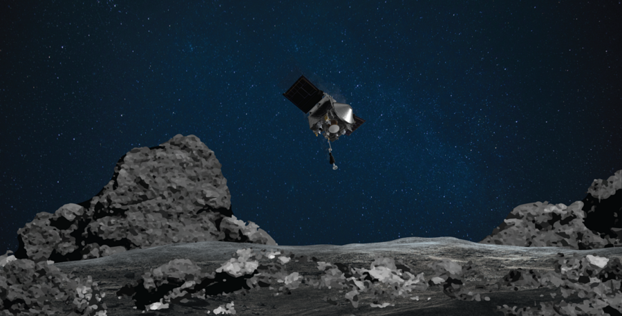 Photorealistic illustration of the OSIRIS-REx spacecraft, silver with a cone front and two wings, hovering above a grey, rocky surface with a dark blue background scattered with faint stars.