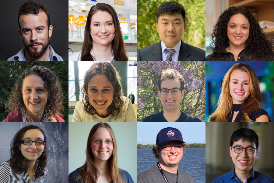 Headshots of 12 new School of Science faculty members, seven women and five men, plus the School of Science logo