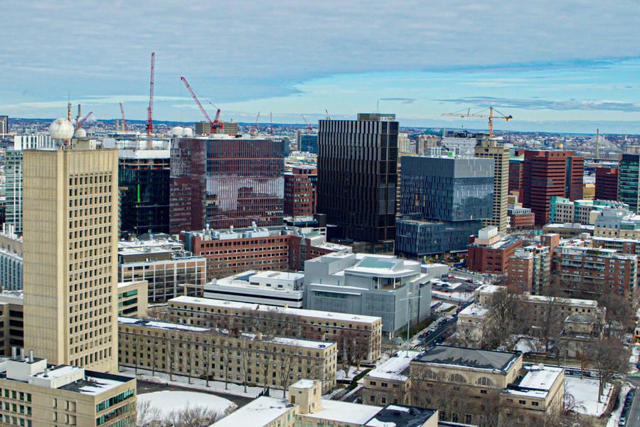 An aerial view of Kendall Square and the adjacent MIT campus