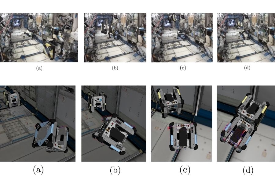 Series of images show the maneuver of Astrobee robots in real time and in simulation.