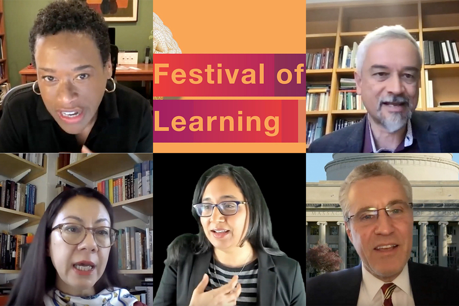 Compilation of five screenshots of individual MIT professors speaking on Zoom