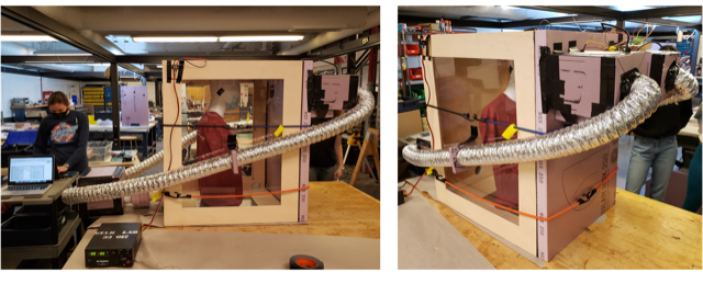 Two photos showing different views of a wooden box with silver ductwork, containing a manequin torso