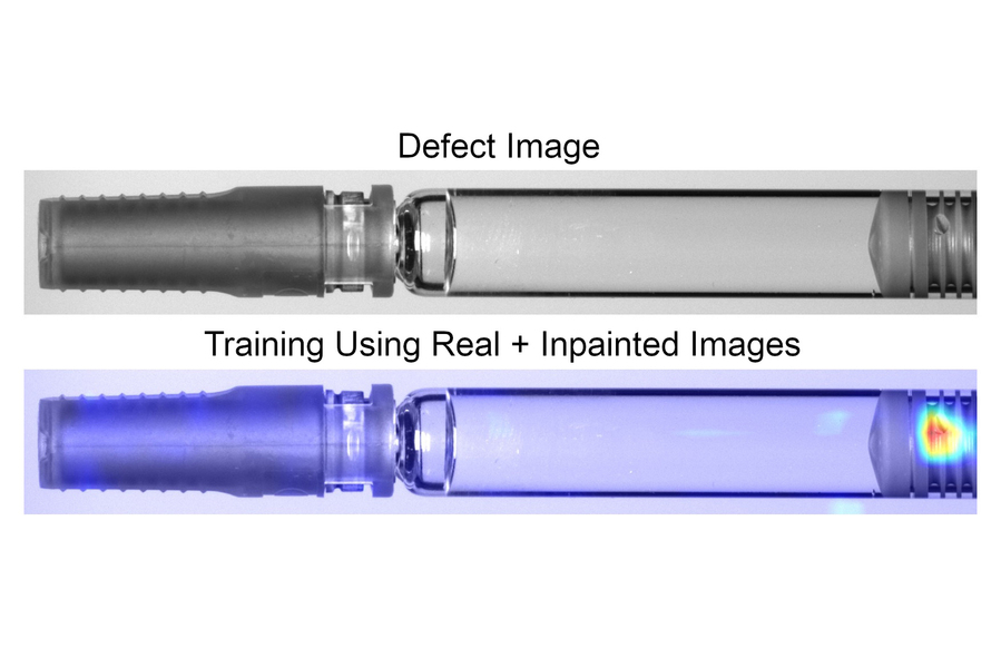 Two images of a defective syringe stopper. The top one, in visible light, shows a small pit in one end. The bottom one has a color highlight indicating how a machine sees the same defect.