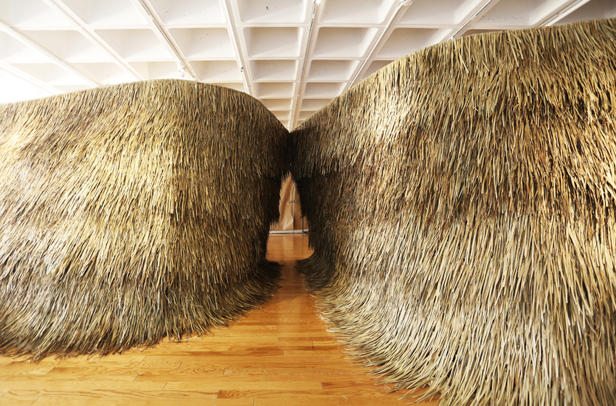 Photo of the exterior of a shelter created by MIT students in the MIT Wiesner Student Art Gallery