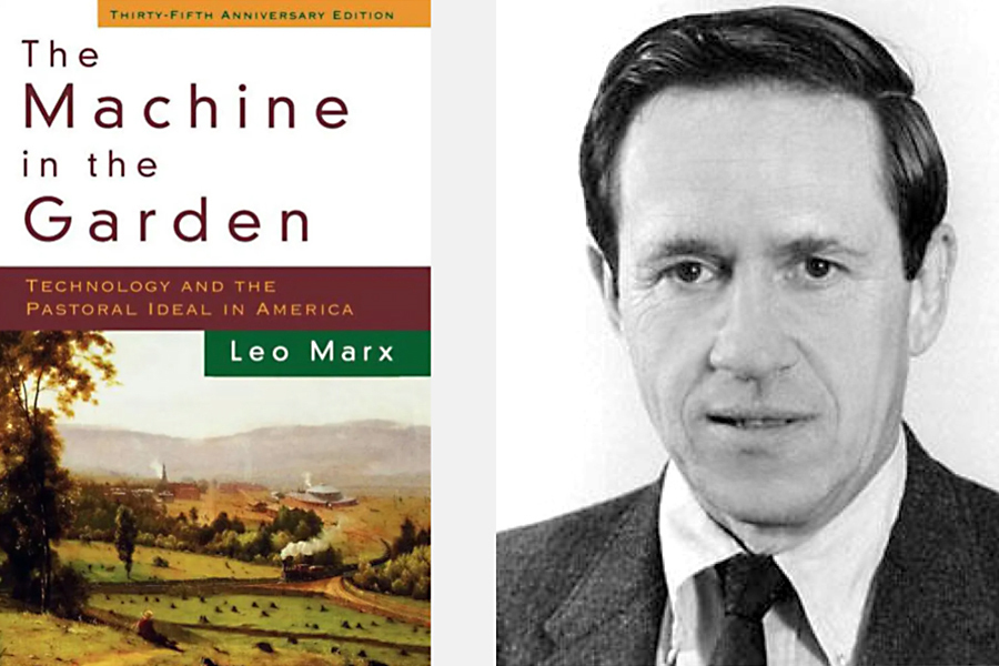 Black-and-white portrait photo of Leo Marx, and the cover of his book