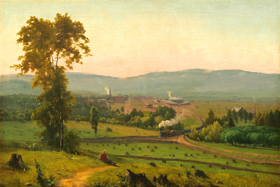"The Lackawanna Valley," a painting by George Inness, features a verdant valley with rolling hills leading toward a small town and a steam train driving through
