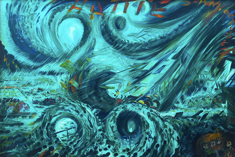 Detail of the painting "Hurricane Hattie Belize," with abstract human figures being swept into swirling blue shapes
