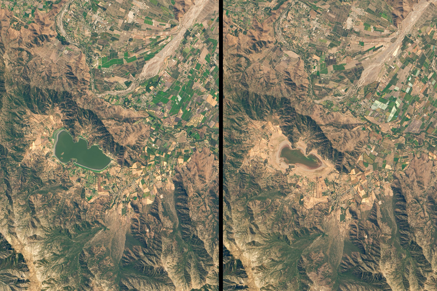Two satellite images of a green lake surrounded by mountains; the lake is smaller in the second image compared to the first, and the surrounding area has become less green.
