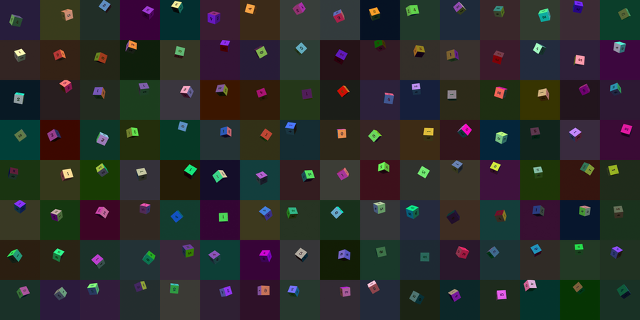 Array of cubes in various orientations, colors, positions within the frame, shading, and numbers on their face.