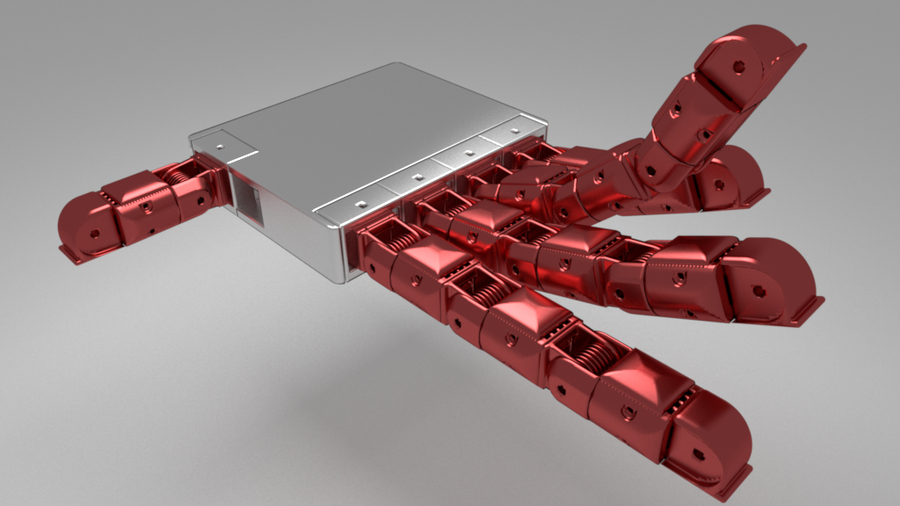 Computer-generated image of a robotic, articulated hand with red fingers