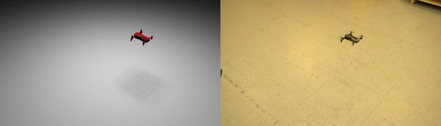Two videos side by side. On the right, a small, flying quadrotor hovers and moves in a room; on the left a simulation replicates the same scene