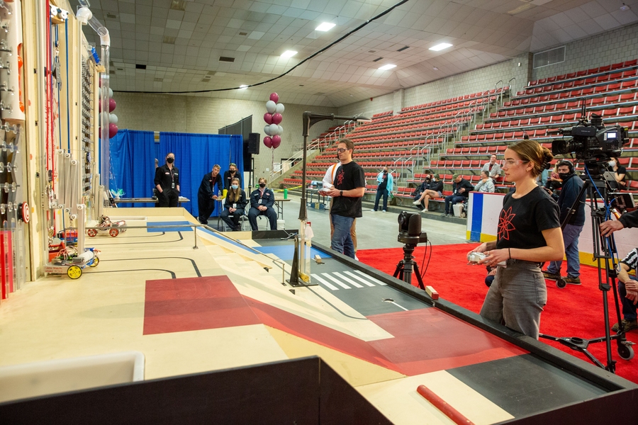 Photo of two students competing in the 2.007 robot competition