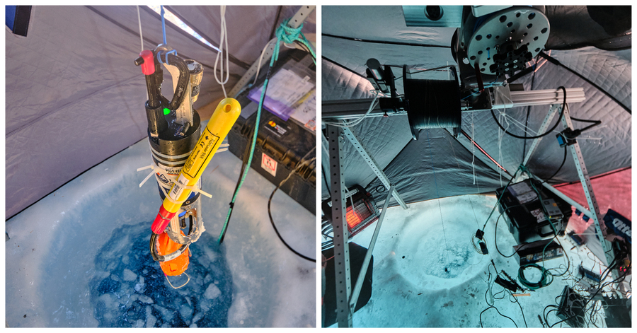 Two images: left image shows a profile sensor being lowered into water through a hole in the ice. Right image shows a thin fiber being unspooled into the water, also through a hole in the ice.