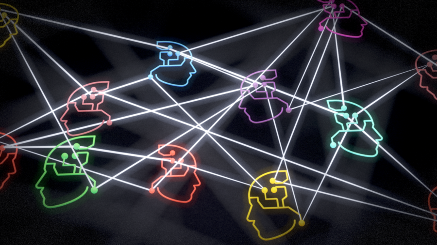 an illustration representing the concept of diversity in AI agents. Different-colored line drawings of human heads with "nodes" for a brain are connected by white lines, forming a network.
