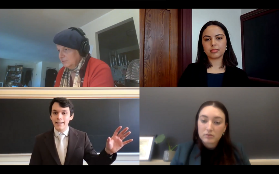 Two by two split-screen view of four people, including Diego Colín, who stands in front of a blackboard