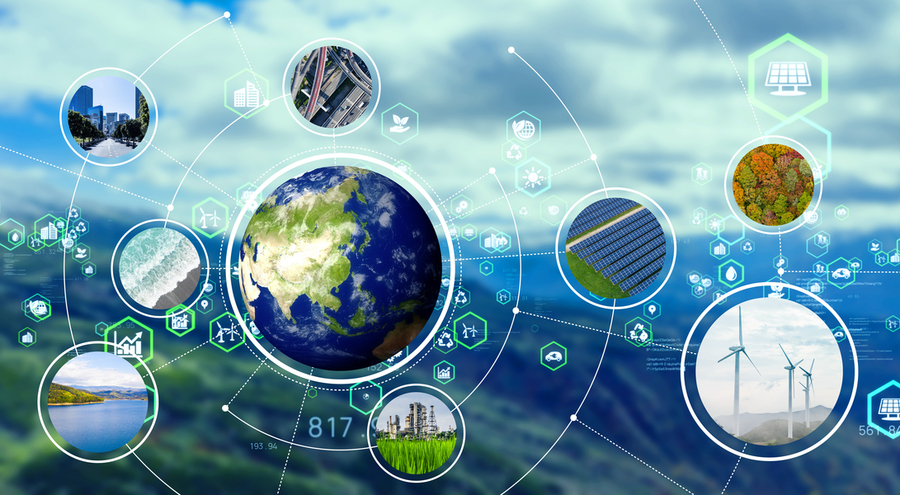 Photo illustration of Earth surrounded by images of a city, a highway exchange, a solar array, trees, a wind turbine, and more.