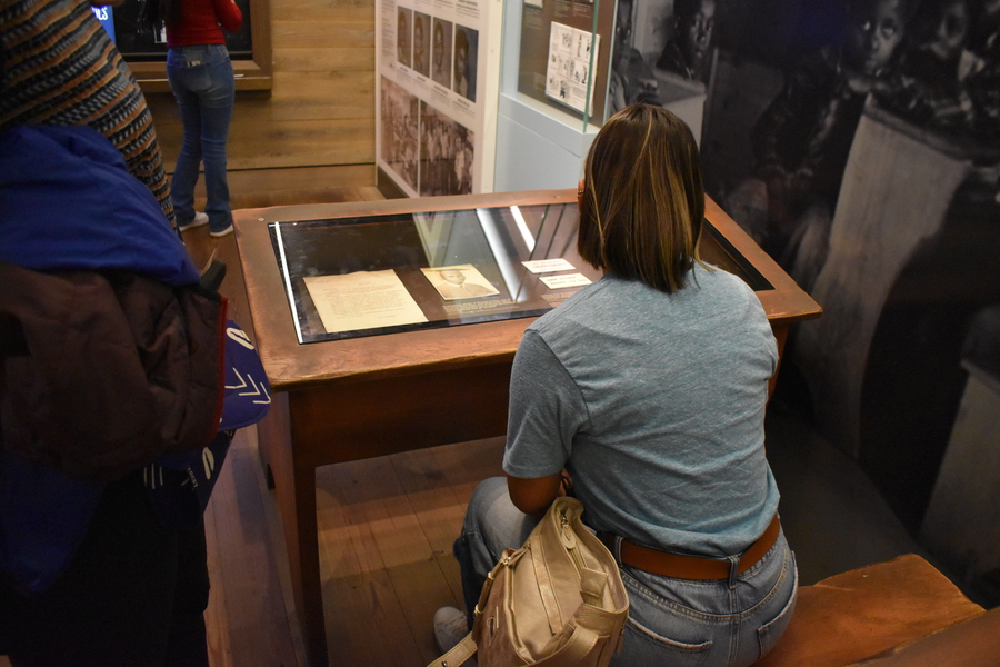 A student sits infront of a display of civil rights artifacts, photographed from behind.