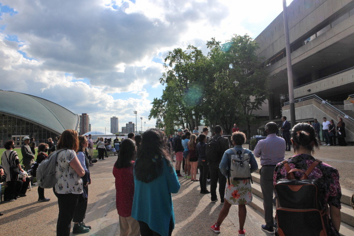 Photo of members of the MIT community gathering outside the Stratton Student Center.