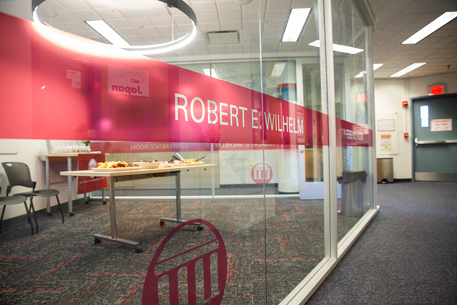Photo of The new Robert E Wilhelm Conference Room, a small glassed-in area at CIS.