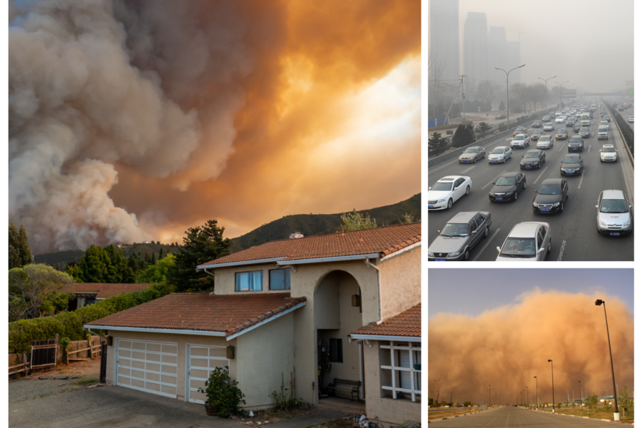 Photos of a wildfire, smog over a freeway, and a dust storm. 