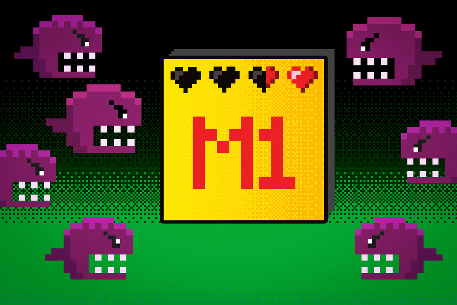 Computer graphic illustration of purple piranha-like beings bearing their teeth and facing a yellow microchip labeled "M1"
